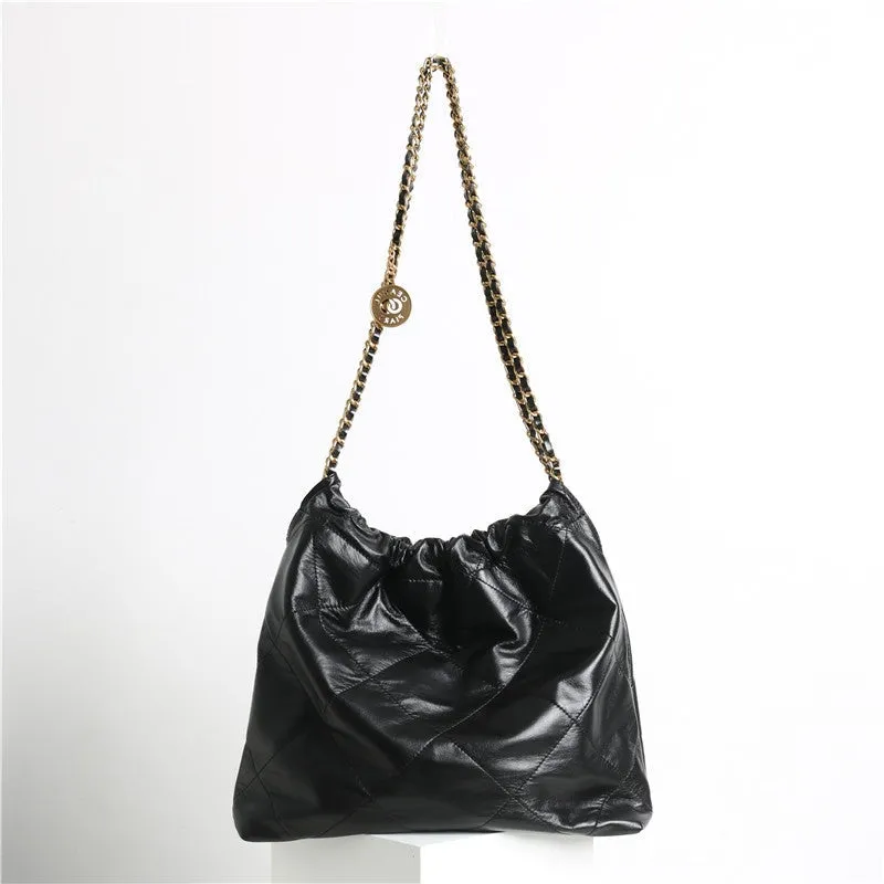 Shiny Quilted  Calfskin Leather Shopper Hobo Bag Black