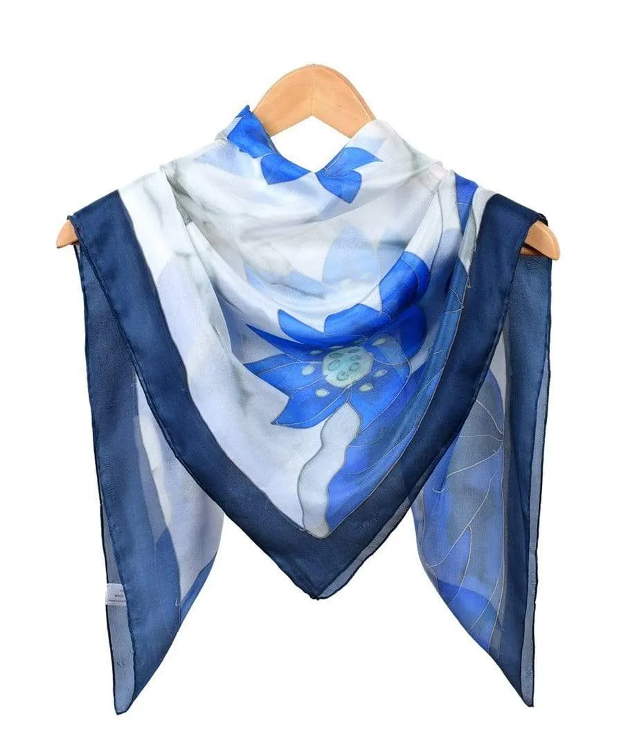 Square Hand Painted Silk Scarf - Blue Lotus