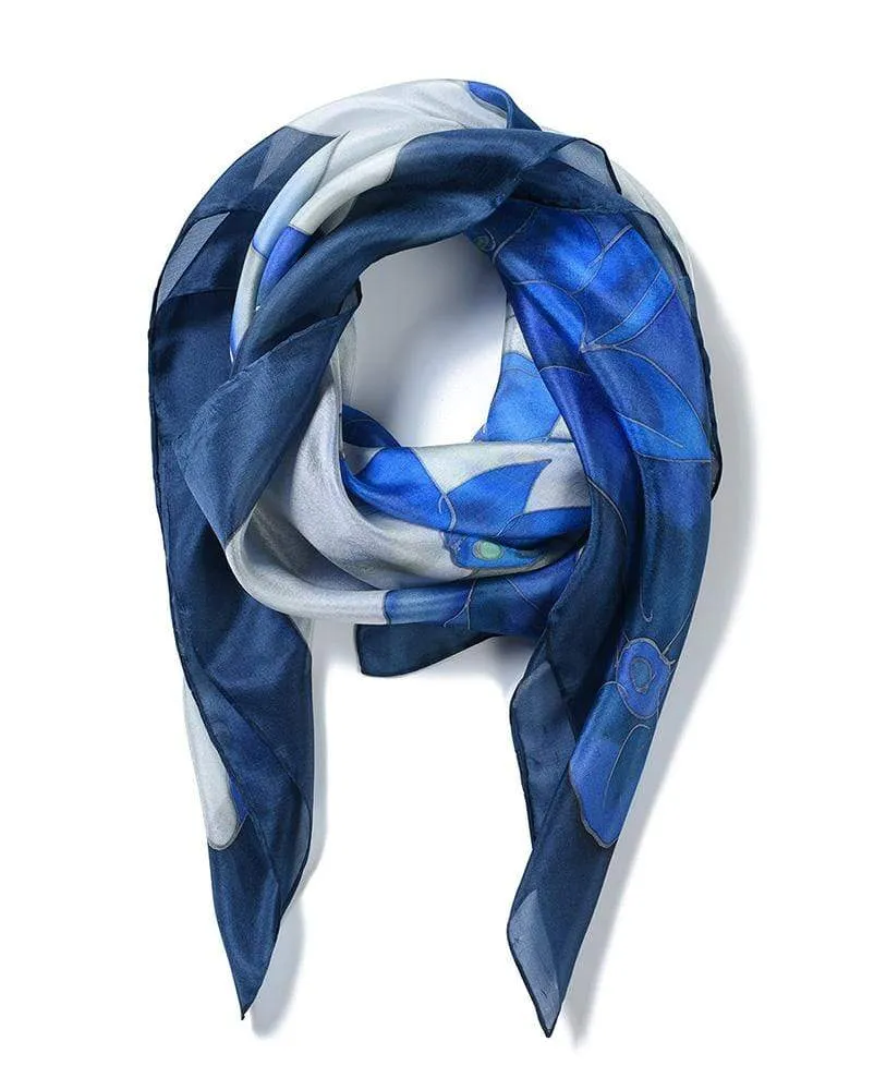 Square Hand Painted Silk Scarf - Blue Lotus