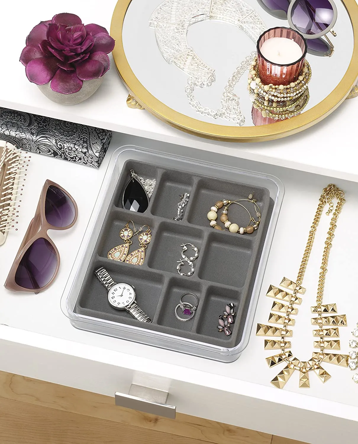 Stackable 9 Section Jewelry Tray – Grey & White