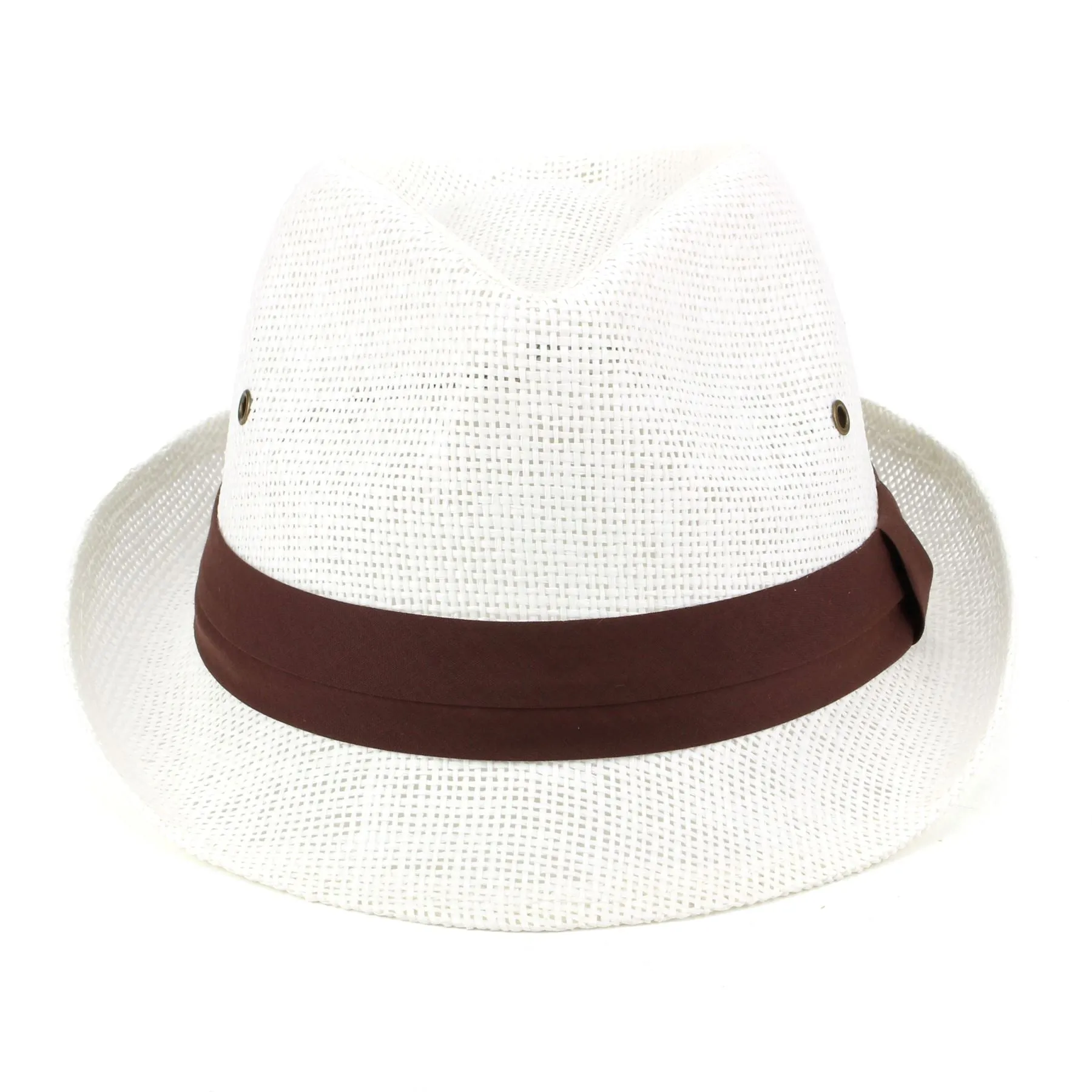 Straw Trilby Fedora Hat with Ventilation and Ribbon - White