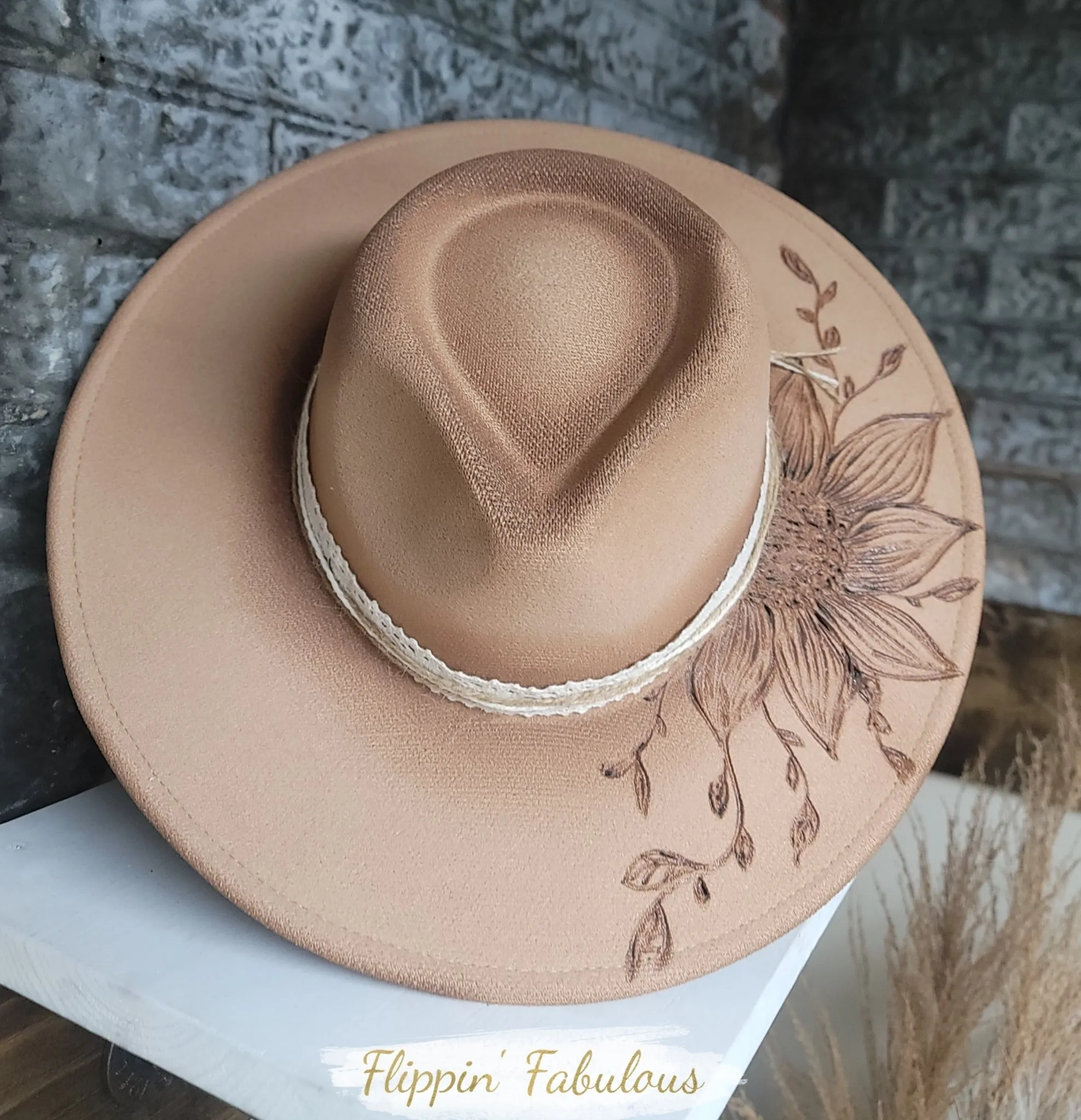 Sunflower Hand Burned Wide Brim Hat