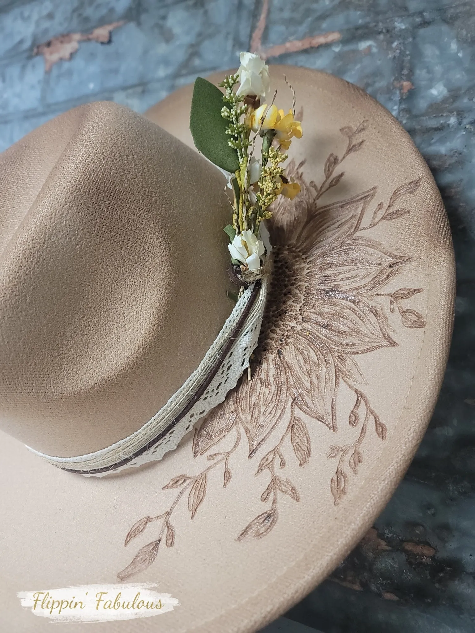 Sunflower Hand Burned Wide Brim Hat