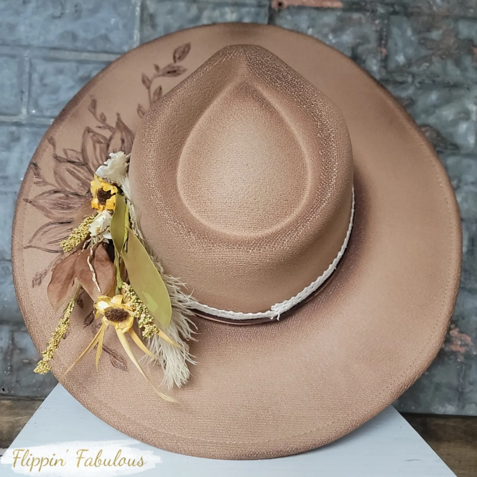 Sunflower Hand Burned Wide Brim Hat