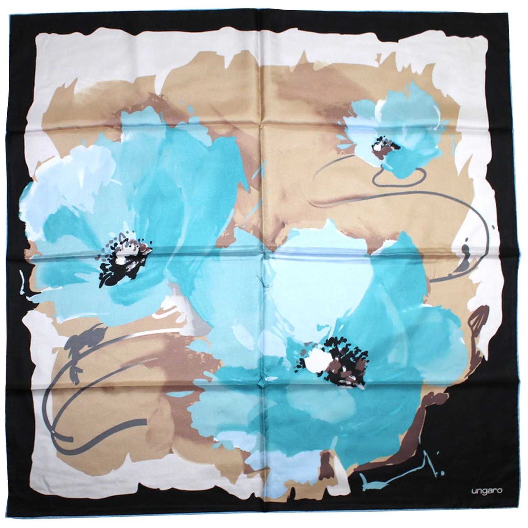 Ungaro Scarf Black Brown Aqua Floral - Twill Silk Square Foulard BLACK FRIDAY SALE