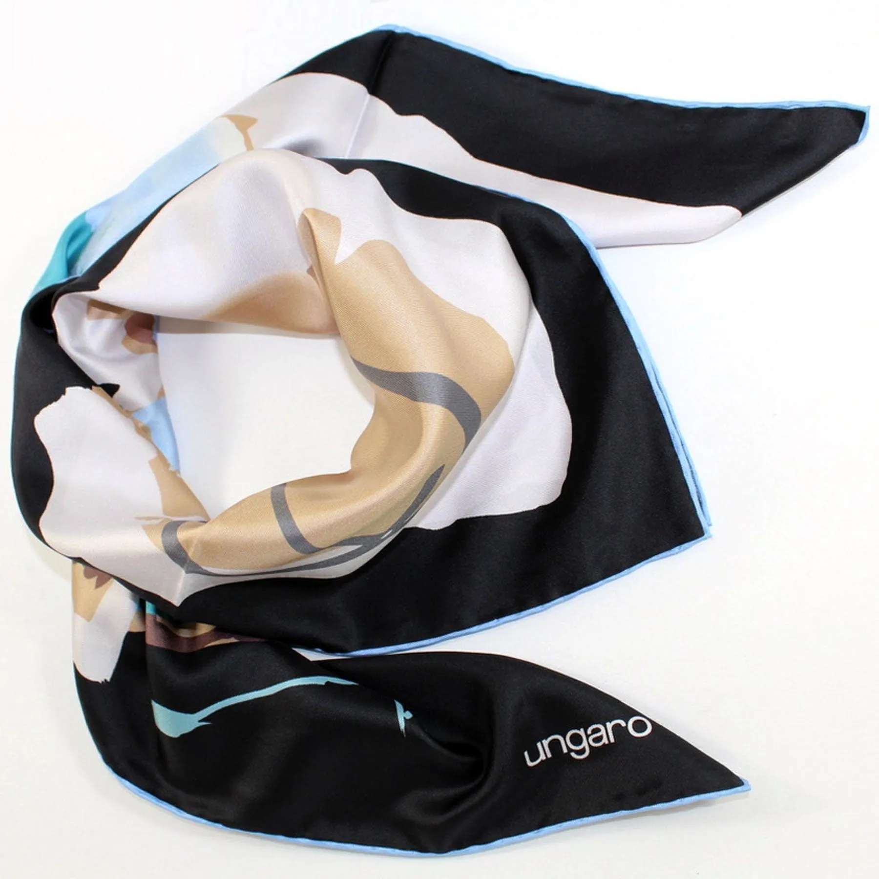 Ungaro Scarf Black Brown Aqua Floral - Twill Silk Square Foulard BLACK FRIDAY SALE