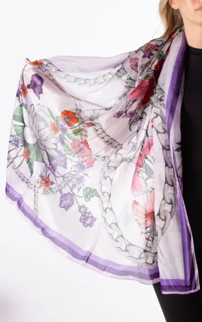 Violet Chain & Flowers Silk Scarf